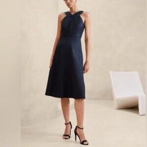 Banana Republic Size 16 Navy Blue Linen Blend Cross Front Sleeveless Midi Dress